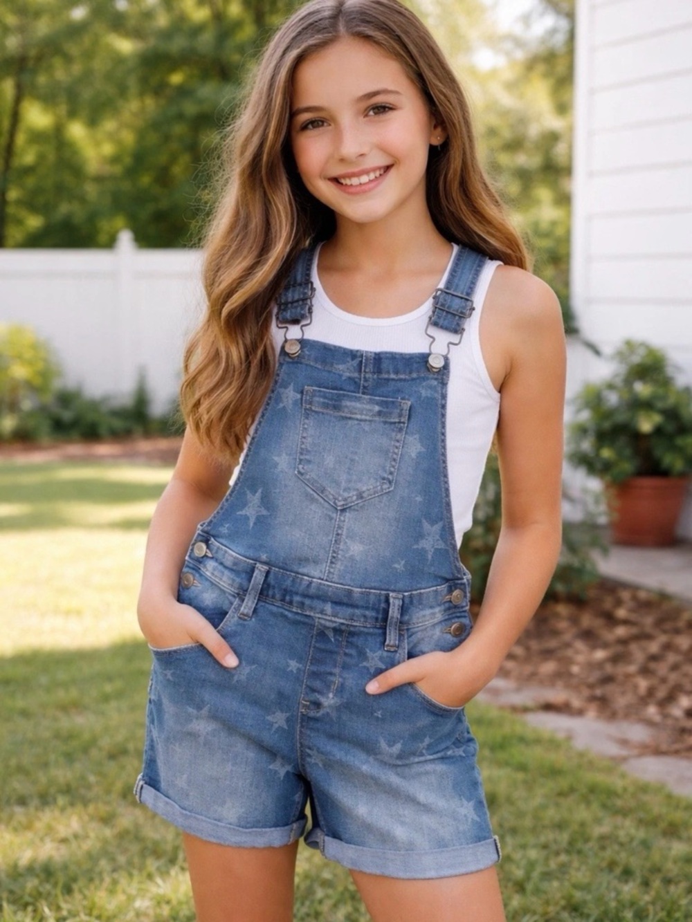 SO Girls Denim Short Overalls Size 12 Star Print Adjustable Straps Jean Romper